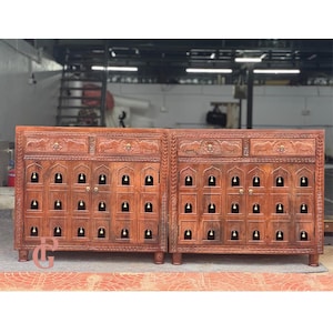 Mango Wood Accent Cabinet: Hand-Carved Indian Sideboard with Brass Bells