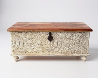 Baúl de madera de mango tallado a mano: mesa de centro, mesa auxiliar