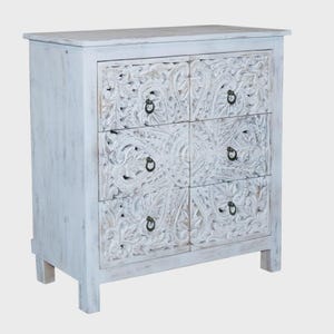 Hand-Carved Mango Wood Chest: White Floral 6-Drawer Side Table