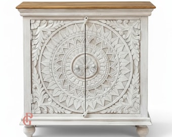 Aparador de madera artesanal / Aparador bohemio blanqueado / Mueble auxiliar de madera maciza de mango / Armario auxiliar con tallado de mandala