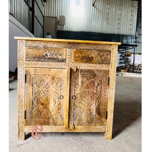 Hand Carved Mango Wood Accent Cabinet: Indian Style Bedside Table