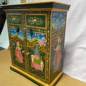 Hand-Painted Mango Wood Cabinet: Bohemian Nightstand with Drawers