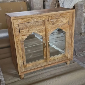 Carved Mango Wood Cabinet: Indian Rustic Storage Side Table