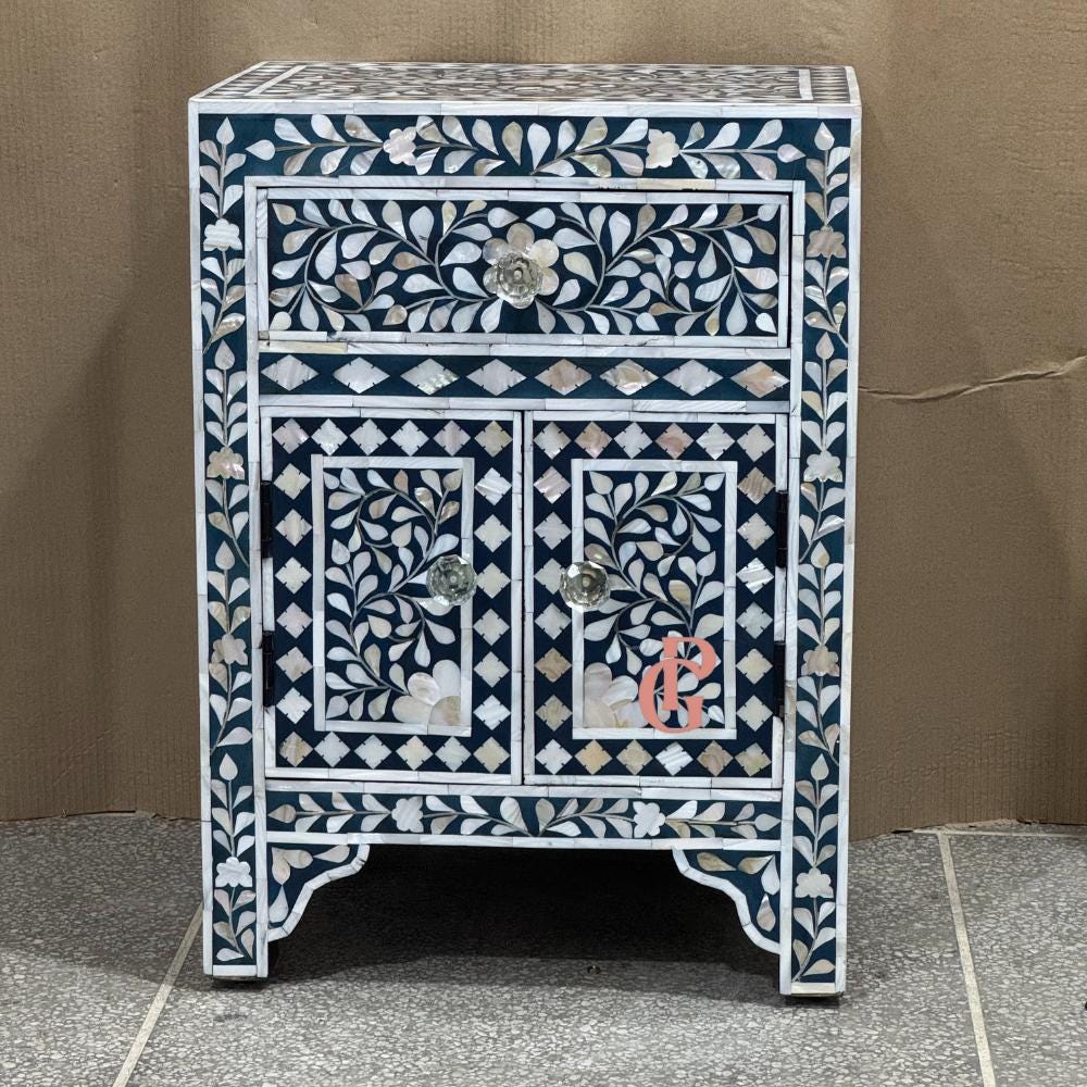 骨象嵌ベッドサイドテーブル：引き出し付きボヘミアンフローラルナイト