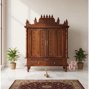 Sheesham Wood Pooja Mandir: Solid Wood Home Temple with LED & Brass Bells Living Room, traditional wooden latches rustic natural wood temple