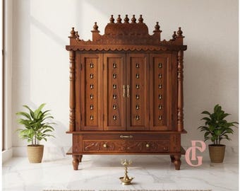 Sheesham Wood Pooja Mandir: Solid Wood Home Temple with LED & Brass Bells