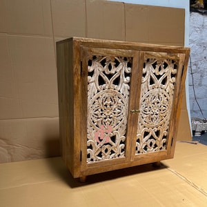 Carved Mango Wood Boho Cabinet: Solid Wood Sideboard with Shelf