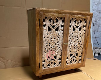 Carved Mango Wood Boho Cabinet: Solid Wood Sideboard with Shelf