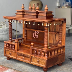 Sheesham Wood Wall Temple: Pooja Mandir with Brass Bells & LED