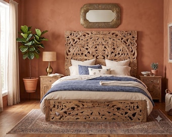 Handgeschnitztes Kingsize-Bett aus Mangoholz: Traditioneller indischer Stil, handgefertigtes Massivholzbett | Kingsize-Bettgestell mit floralem Mandala-Kopfteil