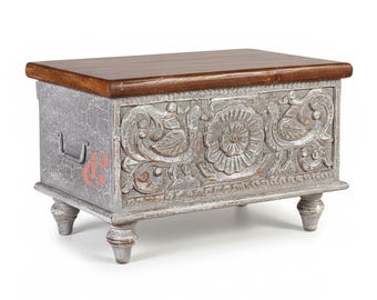 Hand-Carved Wooden Storage Trunk | Rustic Boho Blanket Box