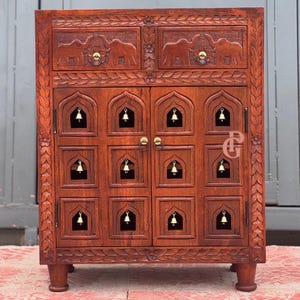 Elephant Carved Mango Wood Pooja Mandir: Solid Wood Cabinet with Brass Bells