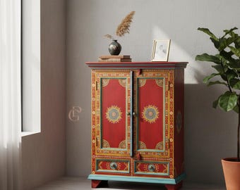 Hand-Painted Mango Wood Cabinet: Floral 2-Drawer Sideboard