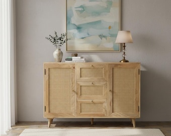 Wood Rattan Sideboard Cabinet | 3 Drawers Natural Finish Console Table, Handicraft Cane Console Cabinet | Rustic Cabinet for Living Room