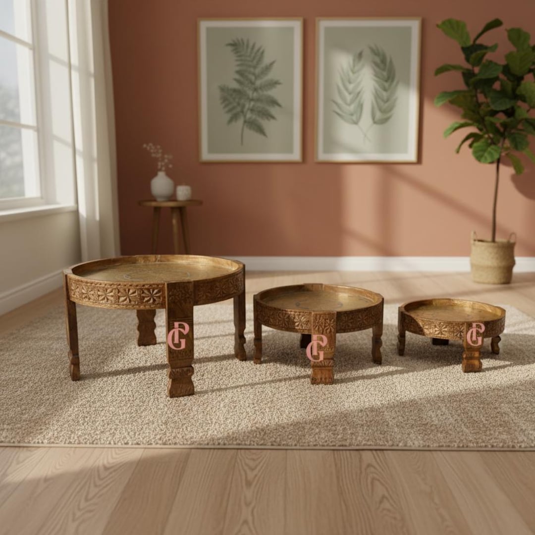 Carved Mango Wood Chakki Tables With Brass Inlay – Set of Three Round ...