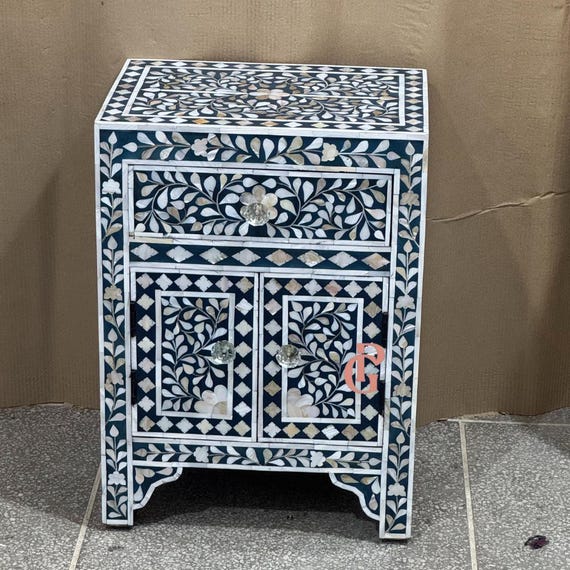 骨象嵌ベッドサイドテーブル：引き出し付きボヘミアンフローラルナイト