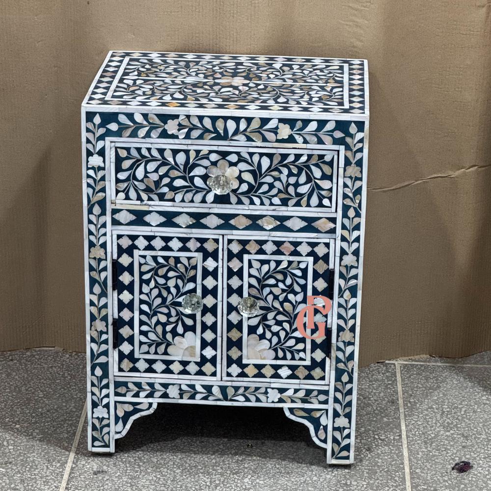 象嵌ベッドサイドテーブル① 骨象嵌ベッドサイドテーブル：引き出し付きボヘミアンフローラルナイト