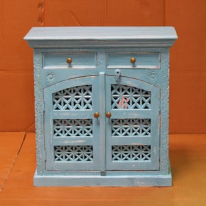 Blue Mango Wood Cabinet: Indian Art 2-Drawer Chest - Boho Storage Side Table