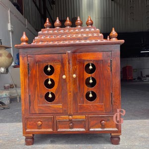 Sheesham Wood Wall Temple: Indian Pooja Mandir with Brass Bells & LED