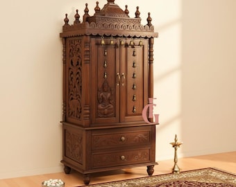 Sheesham Wood Pooja Mandir: Hand-Carved Indian Home Shrine with Brass Bells