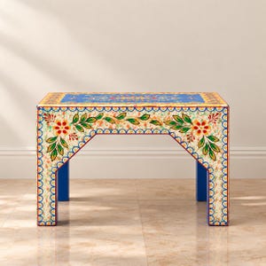 Hand Painted Wooden Coffee Table, Indian Colorful Floral Accent Side Table for Living Room, Decorative Wood Furniture, Home Interior Decor