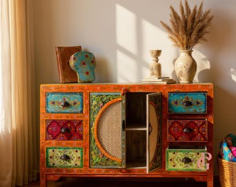 Hand Painted Boho Cabinet | Indian Cane Door Sideboard