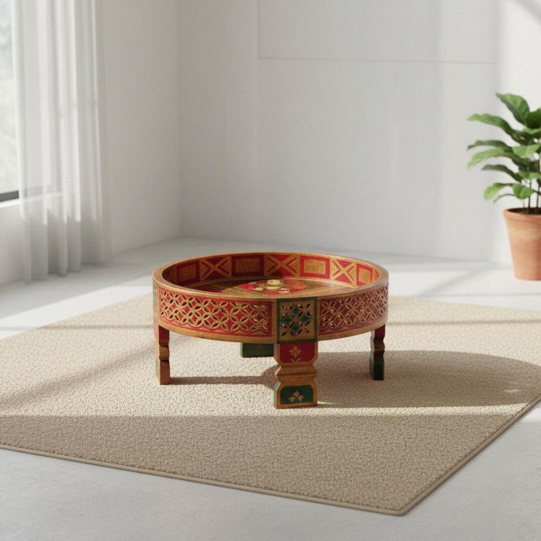 Chakki Table Hand Painted Wooden Floor Seating Tea Coffee Serving Decor ...