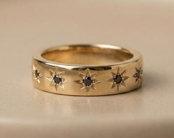 Himmlischer Stern-Gravur-Band-Ring in Gold & Metall-Varianten | Diamant Ring | Minimaler gravierter kosmischer Ring | Jubiläumsgeschenk