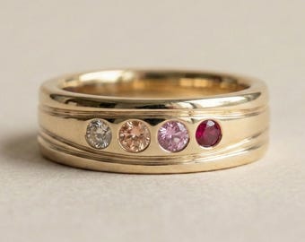 14K breiter Geburtssteinbandring in Gold- und Metallvarianten, Familien-Edelsteinring mit vier Steinen, benutzerdefinierte Birthstone Band, Geschenkring für sie
