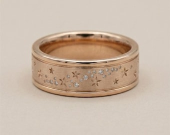 10 mm himmlischer Stern Diamant gravierter Bandring in Gold & Metallvarianten | Minimal Sternbild Ring | Unisex Hochzeitsversprechen Band Geschenk