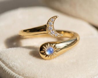 Himmlischer Mondstein - Diamant Offener Ring in 14K Gold & Metallvarianten | Sonne Mond Wickelring | Silber Schmuck, Verlobung Geschenk