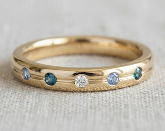 14K Blauer Saphir Diamant Ehering in Gold & Metall Varianten, Edelstein Ring, Minimal Eternity Band, Geburtstagsgeschenk für Sie
