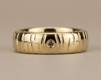 14K Organisches graviertes Band mit Champagner Diamant in Gold & Metallvarianten, minimaler Ehering, Unisex graviertes Versprechensbandgeschenk für sie