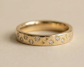 4 mm Celestial Star Diamant Bandring in 14K Gold & Metallvarianten | Minimal Diamant Ehering | Jeden Tag Luxus Versprechen Geschenk Ring