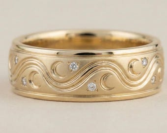14K Himmliche Welle gravierte Diamant Band in Gold & Metall Varianten, Mond Stern Ehering, breiter Goldjubiläumsring, himmlisches Ringgeschenk