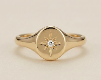 14K Himmlischer Stern Siegelring mit Gravur Diamant Ring in Gold & Metallvarianten, Gold Siegelring, Minimaler Starburst Ring, Unisex Statement Band