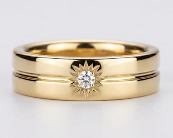 14K Starburst Diamant Solitär gravierter Bandring in Gold & Metallvarianten, himmlischer Minimal Diamant Ehering, Unisex Versprechensring