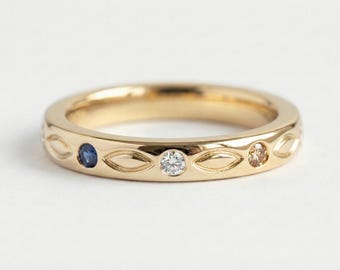 14K Botanical Gravierte Band in Gold & Metall Varianten, Diamant - Saphir Eternity Ring, Blatt Gravierte Mutter Ring, Jubiläum Geschenk