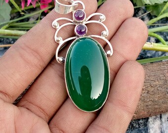 Green Onyx & Amethyst Handmade Gemstone Statement Pendant, Designer Women Christmas Gifts Pendant,
