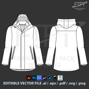 May include: A white jacket technical drawing with a hood, front and back views. Features include a zipper closure, pockets, and cuffs. The text "FASHION TECH PACK TEMPLATES" is visible. The image also includes file type icons and the text "EDITABLE VECTOR FILE .ai / .eps / .pdf / .svg / .png".