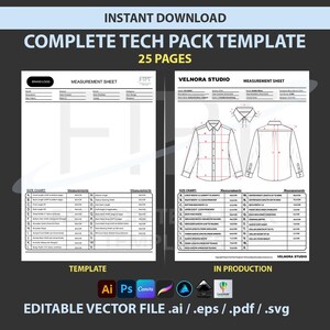 編集可能なファッションテックパックテンプレート、ファッションデザイナー向け空白の衣服仕様書