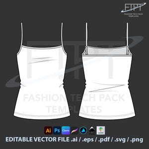 Puede incluir: Plantilla de diseño técnico de moda de camiseta sin mangas blanca, vistas delantera y trasera. Presenta tirantes finos y una silueta ajustada. Incluye formatos de archivo: .ai, .eps, .pdf, .svg y .png. El texto "FASHION TECH PACK TEMPLATES" es visible.