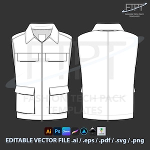 May include: White vest template with front and back views, featuring a collar, pockets, and a zipper closure. The image includes the text "FASHION TECH PACK TEMPLATES" and file format icons. The background is dark gray.