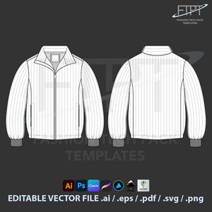 May include: A technical drawing of a white jacket with vertical pinstripes, shown from the front and back. The jacket features a zip-up front, a stand-up collar, and ribbed cuffs and hem. The image includes the text "FIPT FASHION TECH PACK TEMPLATES" and "EDITABLE VECTOR FILE .ai / .eps / .pdf / .svg / .png".