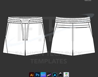 Sport Sweat Shorts Mockup Technical Drawing Vector CAD Tech Pack Template (Ai, Eps, Pdf, Svg)