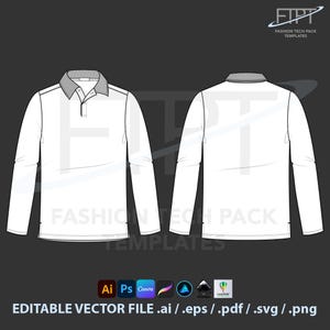 Puede incluir: Un polo blanco de manga larga con cuello gris, mostrado en vistas delantera y trasera. La imagen incluye el texto "FASHION TECH PACK TEMPLATES" y "EDITABLE VECTOR FILE .ai / .eps / .pdf / .svg / .png".