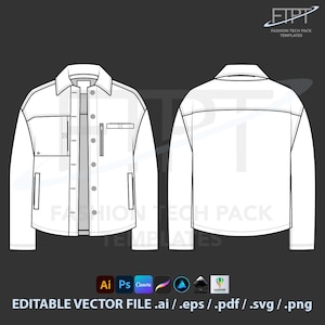 May include: A white jacket technical fashion template, front and back views, with pockets and button details. The image includes the text "FASHION TECH PACK TEMPLATES" and "EDITABLE VECTOR FILE .ai / .eps / .pdf / .svg / .png".