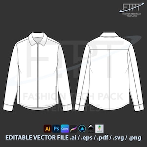 May include: White long-sleeve shirt technical fashion template, front and back views. Features a collar, zipper closure, and buttoned cuffs. Includes the text "FASHION TECH PACK TEMPLATES" and "EDITABLE VECTOR FILE .ai / .eps / .pdf / .svg / .png".
