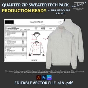 Puede incluir: Un paquete técnico para un suéter con cremallera de cuarto, con una hoja de medidas, dibujos técnicos y dos sudaderas grises. El texto incluye "Quarter Zip Sweater Tech Pack" y "Editable Vector File .ai & .pdf".