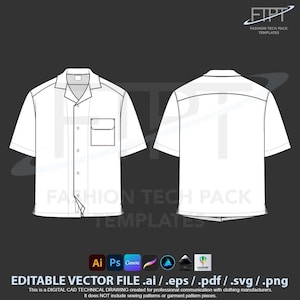 Cuban Collar Shirt Mockup Vector CAD Template Technical Drawing (Ai, Eps, Pdf, Svg, Png)